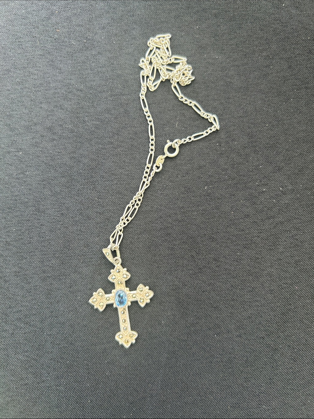 Sterling Silver Cross Necklace with Blue Center Gem